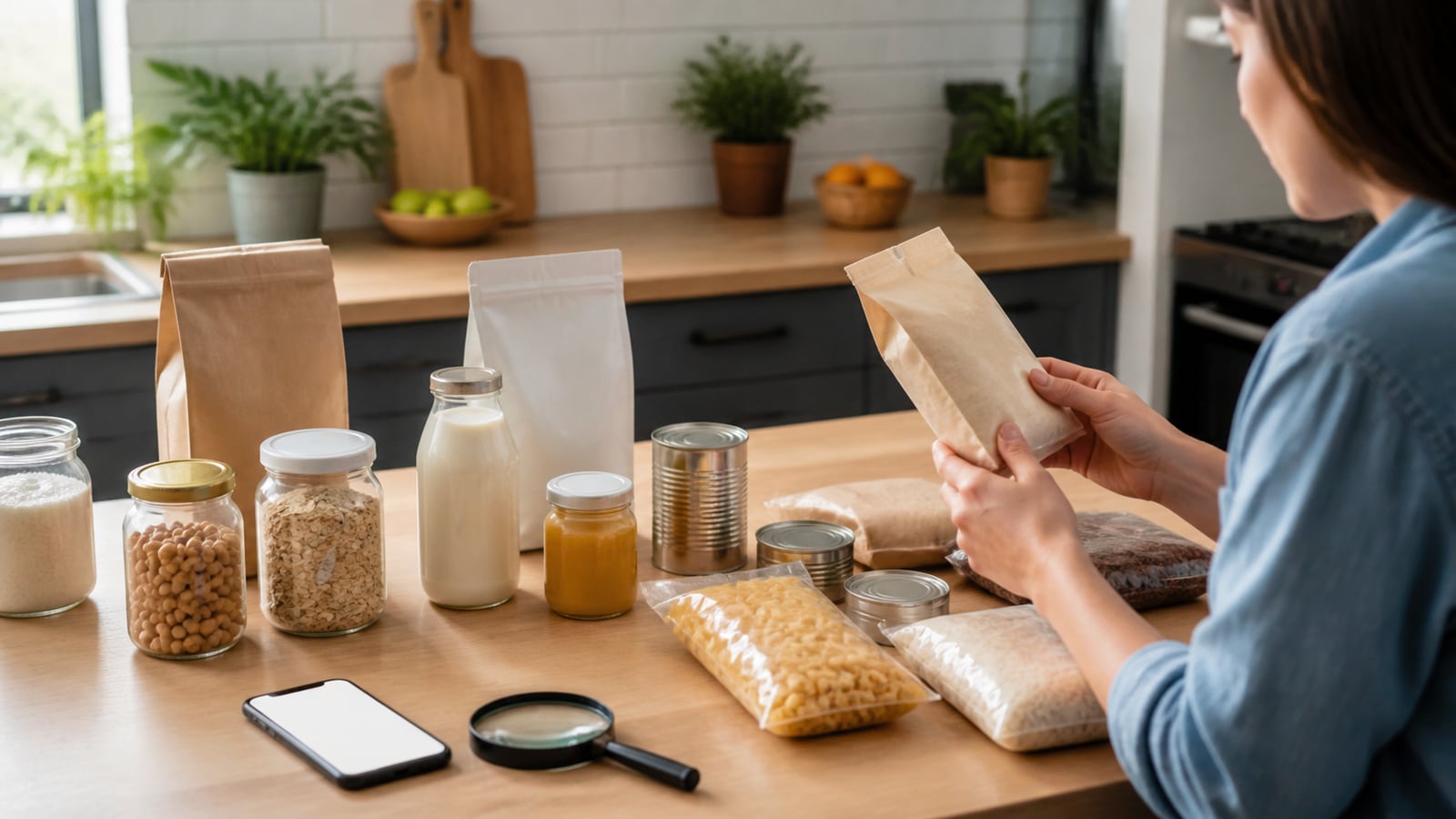 Persoon vergelijkt neutrale voedselverpakkingen met vergrootglas en smartphone in een lichte keuken