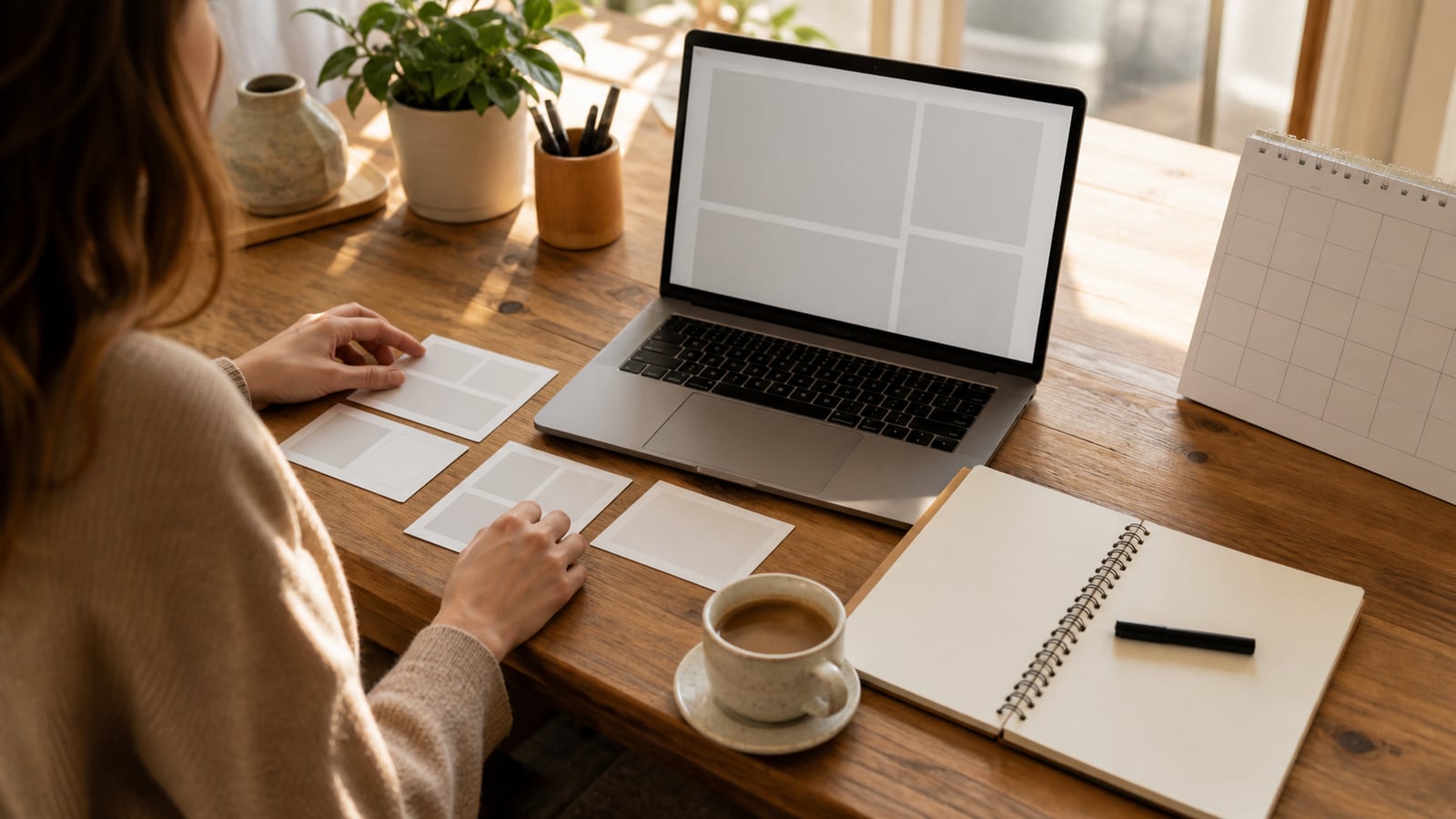 Persoon plant nieuwsbriefinhoud aan een zonnige houten werktafel met laptop, lege inhoudskaarten en kalender