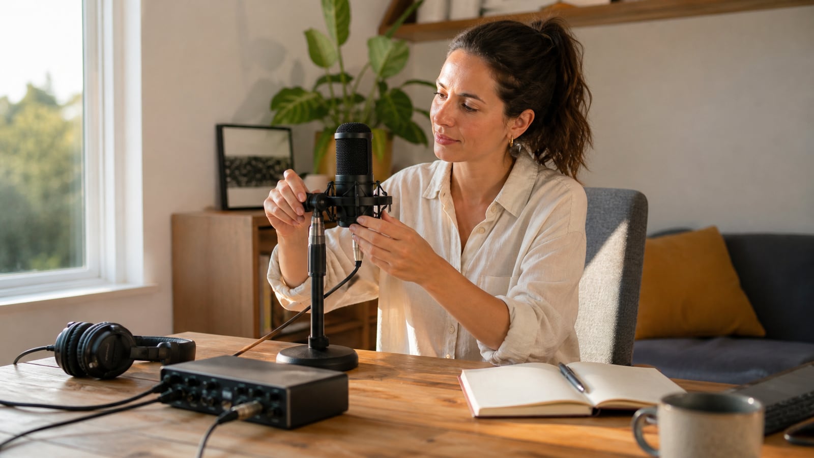 Beginnende podcaster stelt een microfoon, koptelefoon en audio-interface op bij het raam