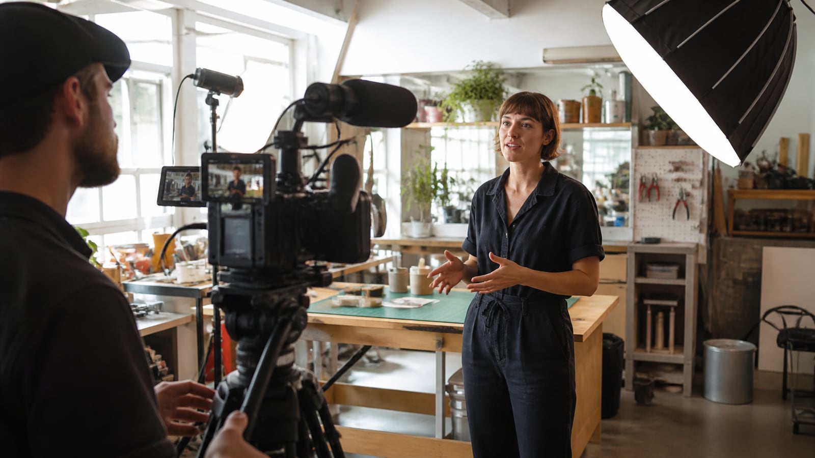 Videoproductie in een werkplaats met camera, softboxlampen en ondernemer voor de lens